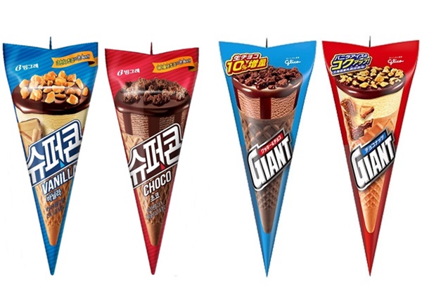 ▲ 빙그레의 슈퍼콘 2종(왼쪽)과 에자키 글리코의 자이언트콘 2종