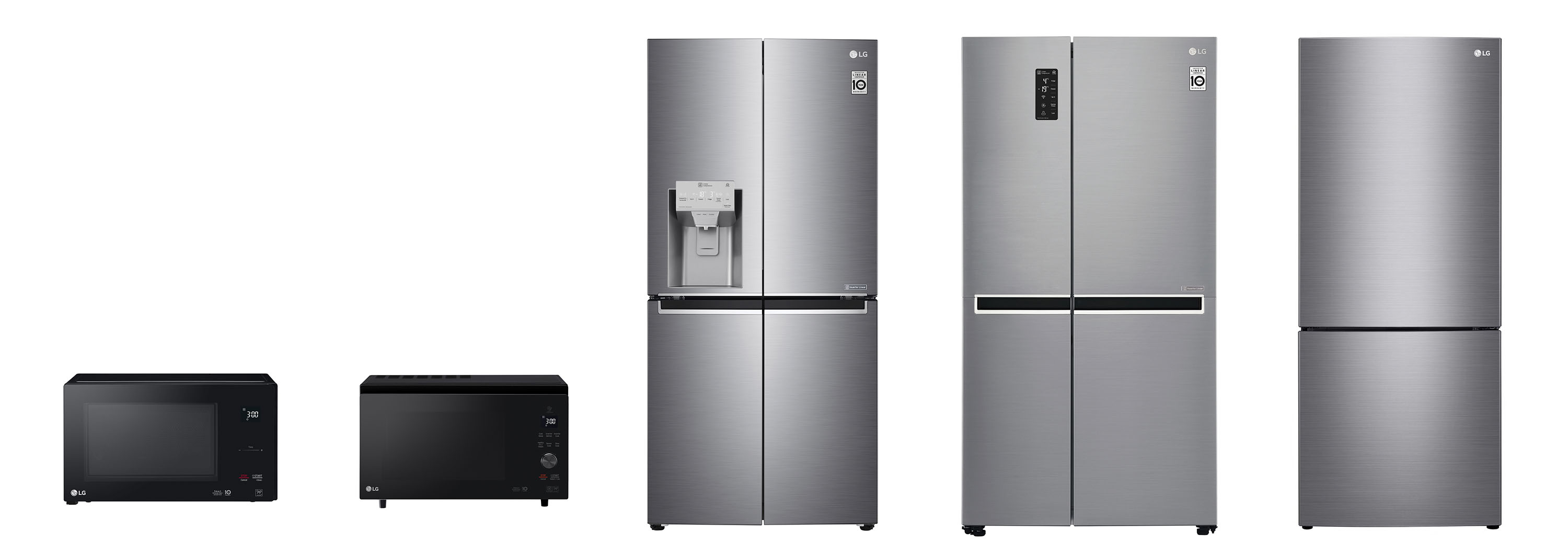 ▲ LG전자 주방가전이 호주 유력 소비자잡지 초이스의 소비자평가 1위를 휩쓸었다. 사진은 왼쪽부터 전자레인지, 슬림 광파오븐, 프렌치도어 냉장고, 양문형 냉장고, 상냉장ㆍ하냉동 냉장고
