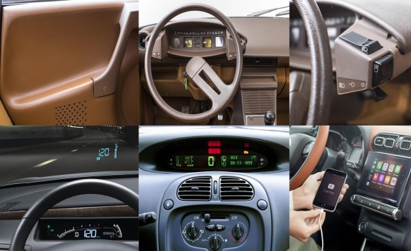 시트로엥 CX 내부(위 3개) 및 (아래 왼쪽부터)C6 헤드업디스플레이·사라 피카소 디지털 계기판·C3 에어크로스 SUV 애플카플레이. 사진=시트로엥