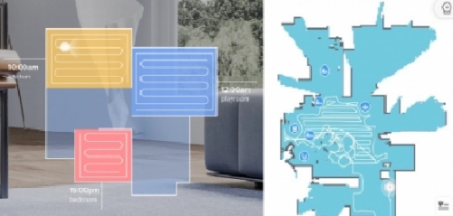 공간별 개별 설정이 가능하다고 안내된 화면 캡처(왼)앱으로 확인한 청소 경로 모습(맵핑 중인 상태, 오른쪽)