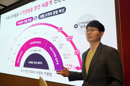 박성율 LG유플러스 기업사업그룹장(전무)이 SOHO 신규 솔루션 출시 간담회에서 발표하고 있는 모습.