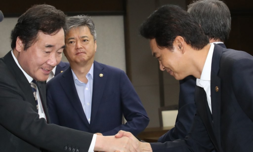 ▲ 이낙연 총리(왼쪽)와 류영진 식품의약품안전처장이 31일 국정현안점검조정회의가 열린 정부세종청사에서 만나 악수를 나누고 있다. (사진=연합)