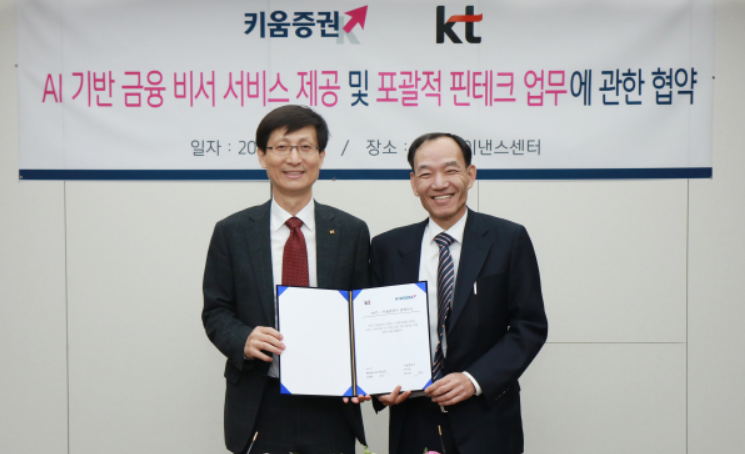 ▲ 윤수영 키움증권 부사장(오른쪽)과 김형욱 KT 실장이 MOU 체결식을 가졌다.