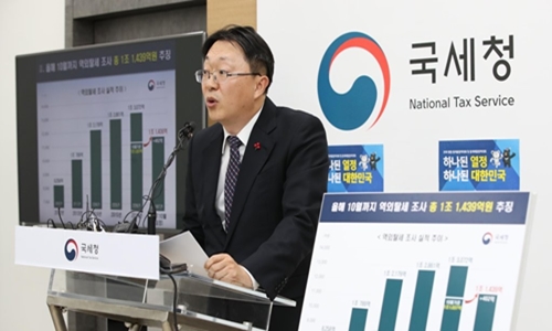 ▲ 정부세종청사 국세청 브리핑룸에서 김현준 국세청 조사국장이 조사 관련 브리핑을 하고 있다