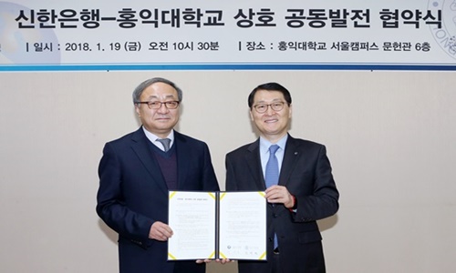 ▲ 위성호 신한은행장(오른쪽)과  김영환 홍익대학교 총장