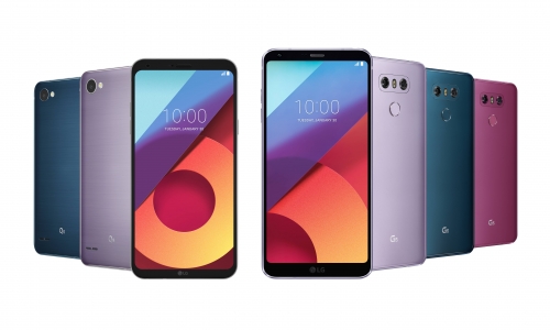 ▲ LG G6 신규 색상 모델 3종(우측)과 Q6 신규 2종.