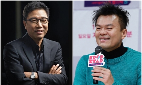 ▲ 이수만 SM엔터테인먼트 회장(왼쪽)과 박진영 JYP엔터테인먼트 이사.
