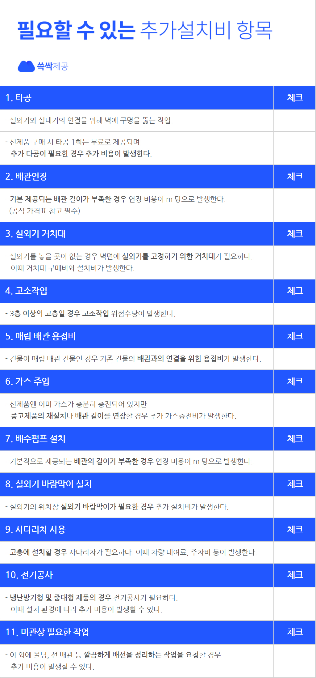 ▲ 필요할 수 있는 추가설치비 항목