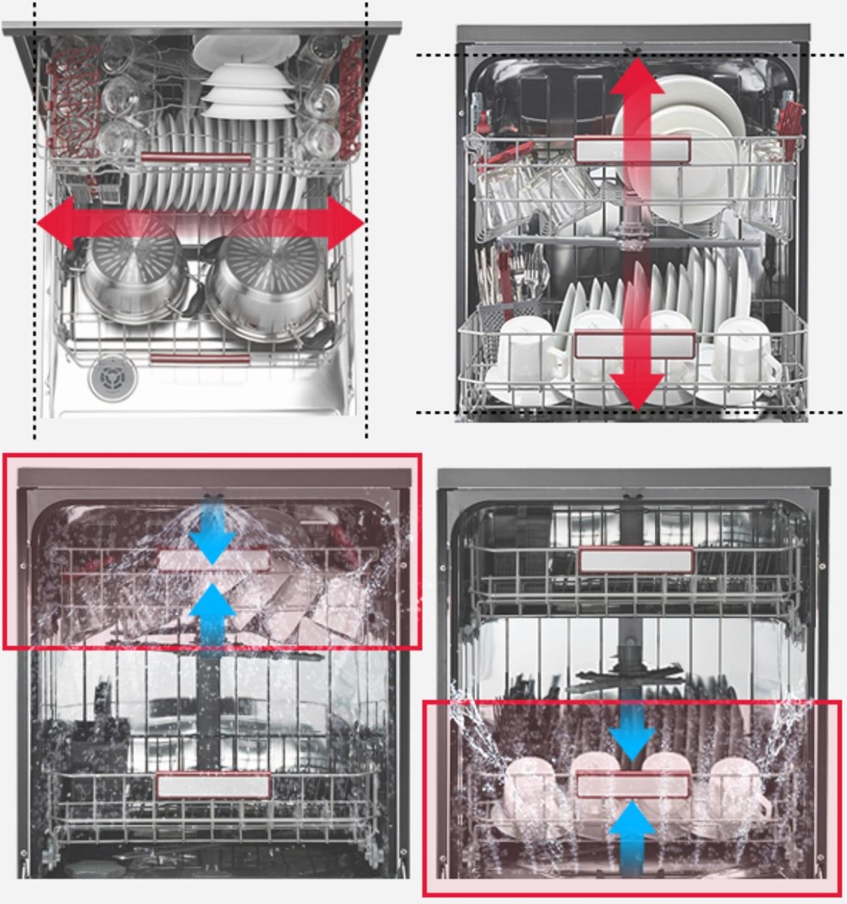 ▲ (위)3~5인 가구에 적합한 와이드한 수납공간과 (아래)상하단 분리 세척이 가능해 상황에 따라 선택 세척을 할수있다.