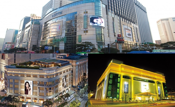 3월 백화점 브랜드평판 빅데이터 분석 결과 롯데백화점(위)이 1위를 차지했고 신세계백화점(좌측 아래)과 현대백화점(우측 아래)이 2위와 3위에 올랐다. 이비지편집=컨슈머타임스