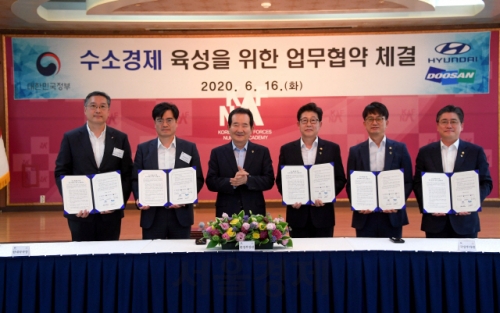 (왼쪽부터) 두산모빌리티이노베이션 이두순 대표이사, 현대자동차 공영운 사장, 정세균 국무총리, 환경부 조명래 장관, 국방부 박재민 차관, 산업통상자원부 정승일 차관.
