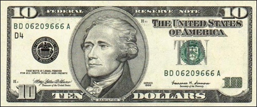 미국인들은 해밀턴을 10달러 지폐의 인물로 존경한다.