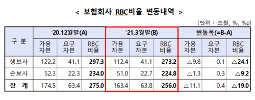 보험회사 RBC 비율 변동내역(표=금융감독원).