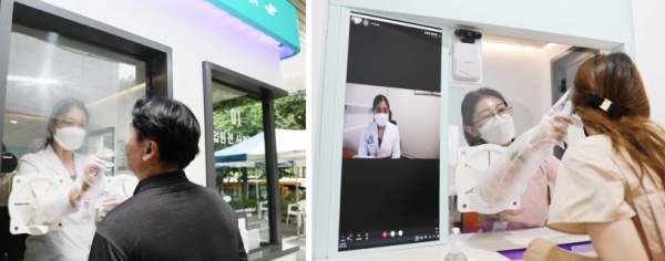 의료진 레벨D 개인보호구 착용 없이 안전하게 검체 채취 및 체온 측정하는 모습