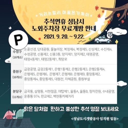 성남 관내 무료개방 주차장 43개소