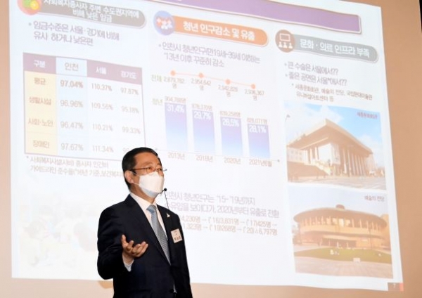 박남춘 인천광역시장이 24일 중구 하버파크호텔에서 열린 '제46회 인천복지포럼'에서 '살고싶은 도시로 만들어 가는 민선7기의 역할과 과제'를 주제로 강연을 하고 있다.