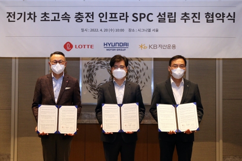 롯데그룹은 20일 서울 잠실 시그니엘 서울에서 현대자동차그룹, KB자산운용과 '전기차 초고속 충전 인프라 SPC(특수목적법인)' 설립 추진을 위한 협약을 체결했다.