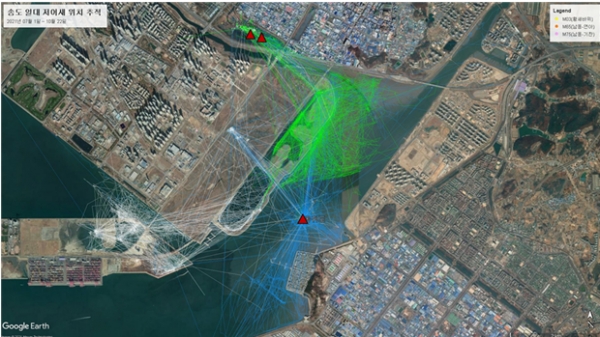 위성추적장치로 파악한 송도 저어새 서식지 이용 현황 © 물새네트워크(사진제공=인천시)