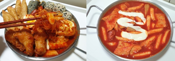 비조리로 포장해 조리한 엽기떡볶이(왼쪽)와 밀키트 제품의 완성된 모습을 보면 질감 차이가 느껴진다. [사진=안솔지 기자]