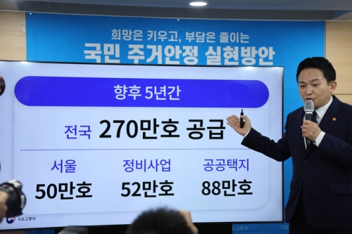 원희룡 국토교통부 장관이 16일 정부서울청사 브리핑실에서 주택공급계획을 발표하고 있다.