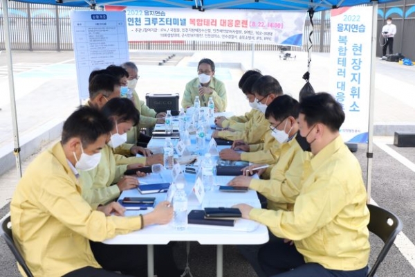 인천항만공사 최준욱 사장이 상황판단 회의를 하고있다.(사진제공=인천항만공사)