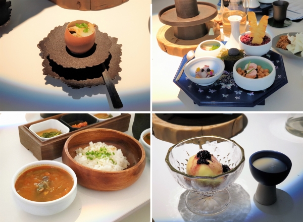 푼주의 한식 맡김차림. 계란찜, 주병합 타파스, 해장국과 술, 오렌지 레몬 셔벗.(왼쪽부터 시계방향) [사진=안솔지 기자]