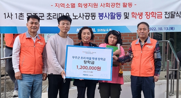 코레일유통이 노사 공동으로 무주군 초리마을을 찾아 봉사활동 및 학생 장학금을 전달했다.(오른쪽) 이광진 경영관리본부장, (왼쪽) 강재훈 코레일유통 노동조합위원장