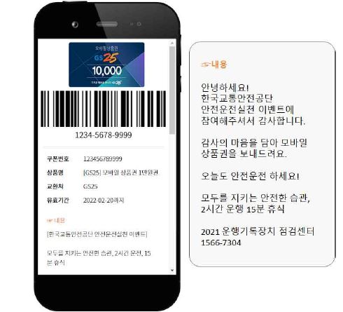 당첨자에게 보내는 1만원 상당의 모바일 쿠폰 및 안전운전 독려 문자.(사진제공=한국교통안전공단)