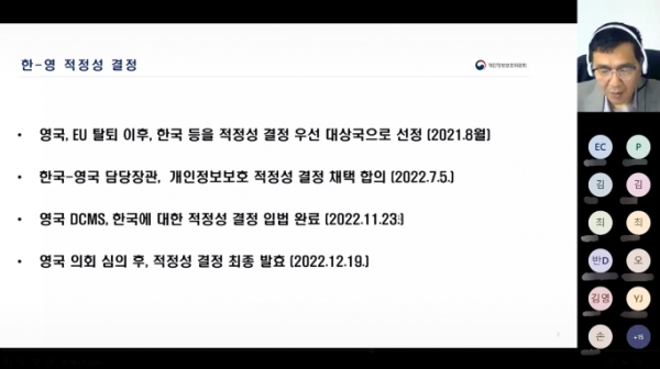 20일 온라인으로 개최된 '한·영 적정성 결정 활용 설명회' (사진제공=한국인터넷진흥원(KISA))