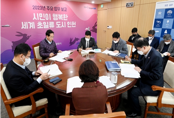 유정복 인천광역시장이 26일 시청 접견실에서 도시재생녹지국 2023년도 주요업무계획을 보고받고 있다.
