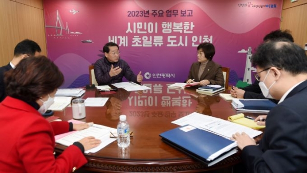 유정복 인천광역시장이 27일 시청 접견실에서 문화체육관광국 2023년도 주요업무계획을 보고받고 있다.