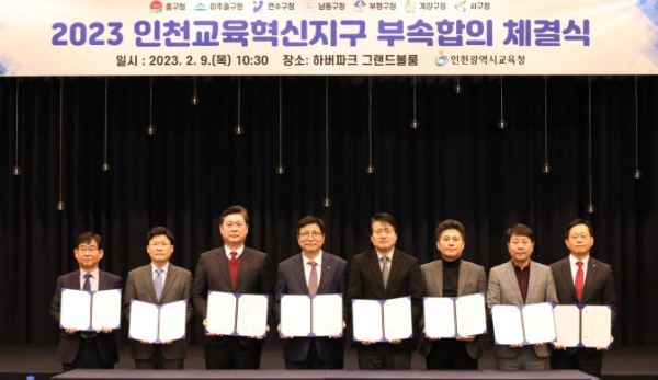 인천시교육청(교육감 도성훈)과 △계양구(구청장 윤환) △남동구(구청장 박종효) △미추홀구(구청장 이영훈) △부평구(구청장 차준택) △서구(구청장 강범석) △연수구(구청장 이재호) △중구(구청장 김정헌) 등 인천 7개 자치구는 하버파크호텔에서 2023 교육혁신지구 부속 합의를 체결했다.