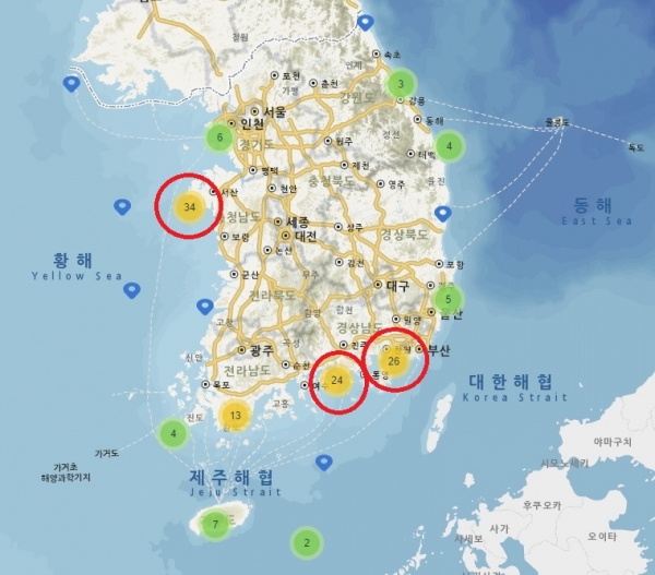 2018~2021년 봄철 화재폭발 해양사고 발생 GIS 분석결과(사진제공=한국해양교통안전공단)
