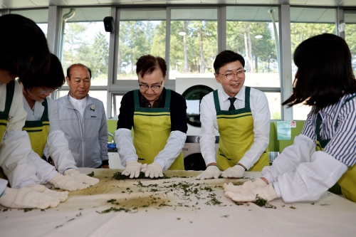보성군, 경산시장, 하동군수 '2023 보성세계차엑스포' 벤치마킹_하승철 하동군수, 김철우 보성군수가 차만들기 체험을 하고 있다.