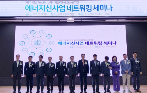 지난 9일 나주시 한국전력 본사에서 열린 광주·전남 혁신도시 에너지밸리 MG 조성을 위한 에너지신사업 네트워킹 세미나에서 정승일 한국전력공사 사장·윤병태 나주시장·박태홍 LG전자 플랫폼사업센터 플랫폼사업실장(이상 왼쪽부터 6번째·7번째·12번째) 등 참석자들이 기념사진을 촬영하고 있다.