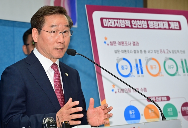 유정복 인천시장이 1일 시청 브리핑룸에서 인천형 행정체제 개편 의견 수렴 종료 및 행정안전부 건의에 따른 입장을 발표하고 있다.