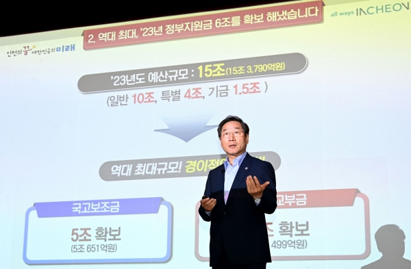 유정복 인천광역시장이 22일 시청 대회의실에서 열린 '민선8기 출범1년 기자설명회'에서 '꿈을 향해 달려가는 인천, 세계 10대 도시로 힘찬 도약'을 주제로 지난 1년 동안의 주요 성과와 향후 시정 운영 방향에 대해 설명하고 있다.