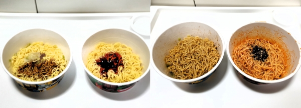 교촌 시크릿볶음면 2종을 조리한 후 완성된 모습. 블랙시크릿볶음면(왼쪽)과 레드시크릿볶음면. [사진 = 안솔지 기자]