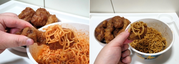 허니 콤보 치킨과 곁들인 레드시크릿볶음면(왼쪽)과 블랙시크림볶음면. [사진 = 안솔지 기자]