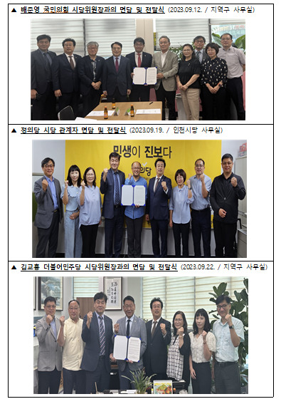 각 정당 시당위원장에게 '인천대 공공의대 설립 건의문' 전달 모습.