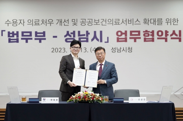 성남시(시장 신상진)와 법무부(장관 한동훈)는 13일 성남시청에서 '수용자 의료처우 개선 및 공공보건의료서비스 확대를 위한 업무협약(MOU)'을 체결했다.