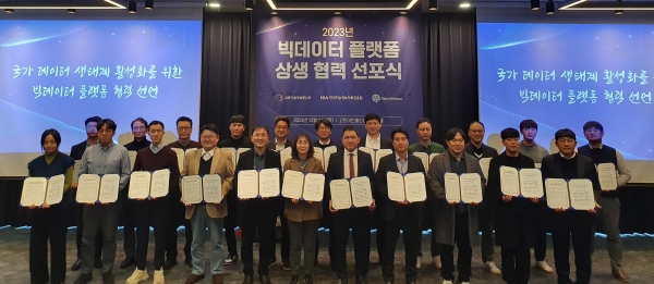 한국지능정보사회진흥원은 12월 14일 '2023 빅데이터 플랫폼 협력 선포식'을 개최했다. (NIA 빅데이터추진단 신신애 단장과 21개 빅데이터플랫폼 운영기관 및 기업)