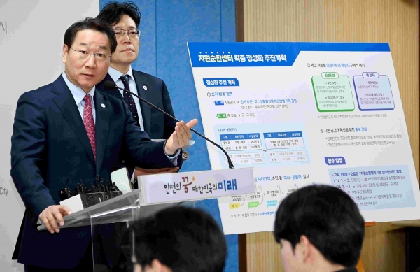 유정복 인천광역시장이 25일 시청 브리핑룸에서 자원순환센터와 관련해 브리핑을 하고 있다.