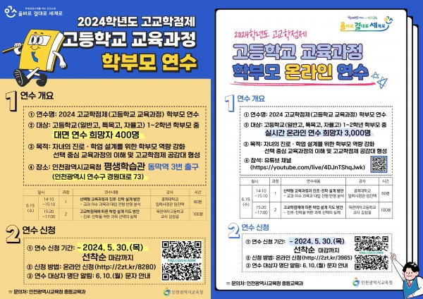 인천시교육청(교육감 도성훈)은 고교학점제에 따른 학생 선택 중심 교육과정 운영을 지원하기 위해 학부모 연수를 6월 19일 운영한다.