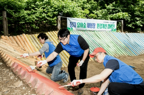 KCC와 미래환경협회가 송파 장지 유아숲의 시설과 구조물을 보수 시공 하고 있다.