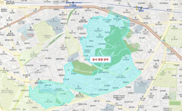 수봉공원 일원 상수도 급수 공급체계 정비 영향 권역(사진제공=인천시)