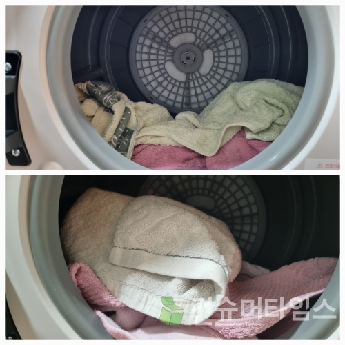 소량급속 모드를 활용해 수건을 건조했더니 젖은 수건(사진 위)이 1시간여 만에 뽀송한 수건이 됐다. [사진 = 김윤호 기자]
