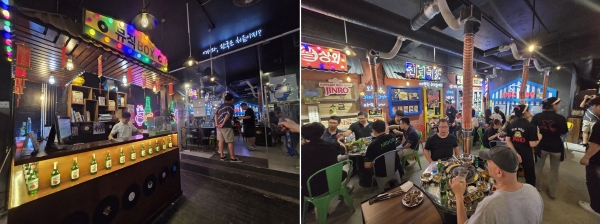 한국 식당을 연상시키는 '진로BBQ' 입구와 내부 모습. [사진 = 안솔지 기자]