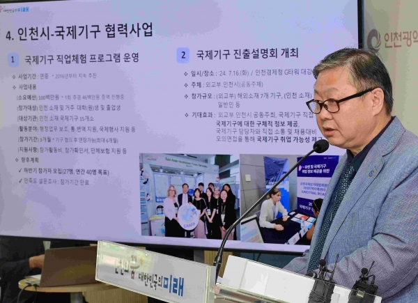윤현모 글로벌비즈니스협력단장이 20일 시청 브리핑룸에서 글로벌비즈니스협력단 소관 현안과 관련해 기자브리핑을 하고 있다.