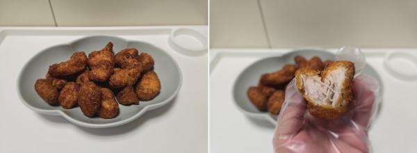 에어프라이어로 조리를 끝낸 '고메 소바바치킨 소이허니 순살'. [사진 = 안솔지 기자]